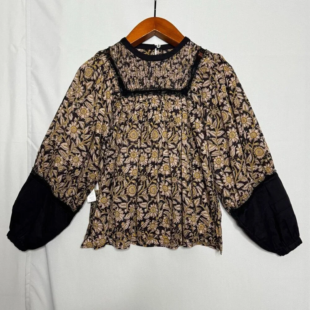 Anthropologie Cleobella Rafia Lace Harley Black Ballon Sleeve Peasant Blouse XS